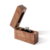Slim Walnut Wood Ring Box – open box revealing diamond ring on black velvet, 45-degree studio shot