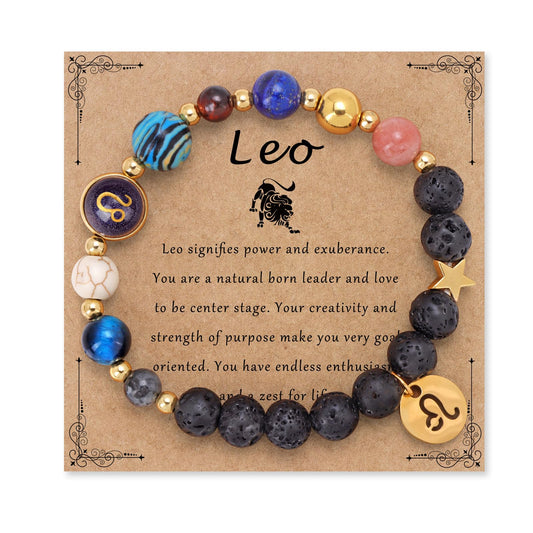 Zodiac Crystal Beaded Bracelet – Leo on kraft card with healing crystals and volcanic lava stones