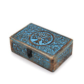 Tree of Life Wooden Jewelry Box – 45-degree view of turquoise carved lid with metal clasp, vintage boho