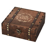 Mr Mrs Wooden Keepsake Box – 45-degree view of engraved lid with laurel wreath and leather straps, vintage