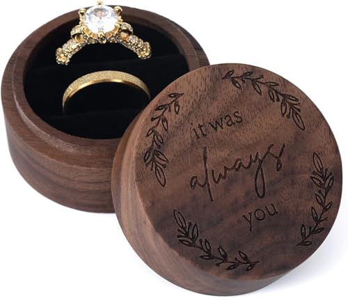 Oval Walnut Wood Ring Box – open box with diamond ring, It Was Always You engraved lid, white background