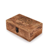 Mango Wood Tree of Life Box – three-quarter view of carved wooden keepsake box on white, vintage antique