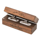 Engraved Walnut Ring Box – open lid showing mountain design and two silver rings, The Adventure Begins, wedding proposal