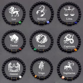 Zodiac Sign Bracelet – nine black beaded zodiac bracelets with colored accents in grid, astrology collection