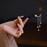 Ebony Wood Hairpin with Yellow Flowers & Pearl Tassels | Feng Shui Hair Accessory