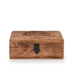 Mango Wood Tree of Life Box – front view of engraved lid with vintage clasp, rustic artisan