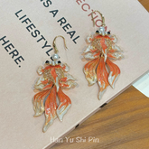 Koi Earrings – Orange enamel koi fish earrings with pearls on beige gift box, gold hooks Chinese style luck grace jewelry
