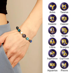 Zodiac Crystal Beaded Bracelet – Leo on wrist with all 12 constellation charm options displayed