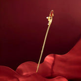 Koi Hairpin – gold pin with red enamel koi and pearl accents on crimson silk, elegant hair accessory
