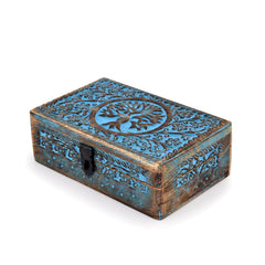 Tree of Life Wooden Jewelry Box – open lid revealing natural wood interior and carved exterior, functional