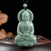 Amitabha Buddha Jade String Necklace - Carved jade Buddha on black cord with wooden display stand