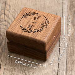Walnut Wood Ring Box – laurel wreath engraving with dimension callouts 2.4 inch square, product spec