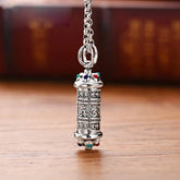 Om Mani Padme Hum Silver Necklace - Prayer wheel pendant with Om engravings, turquoise coral inlays, Tibetan jewelry
