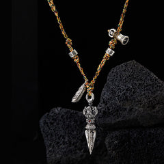 Dorje Vajra Pendant – Suspended view showing ritual dagger with red stone and mantra beads, Buddhist necklace