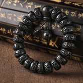 Lightning Strike Wood Bracelet – Black carved bead bracelet with tassel on wooden calligraphy, mala bracelet
