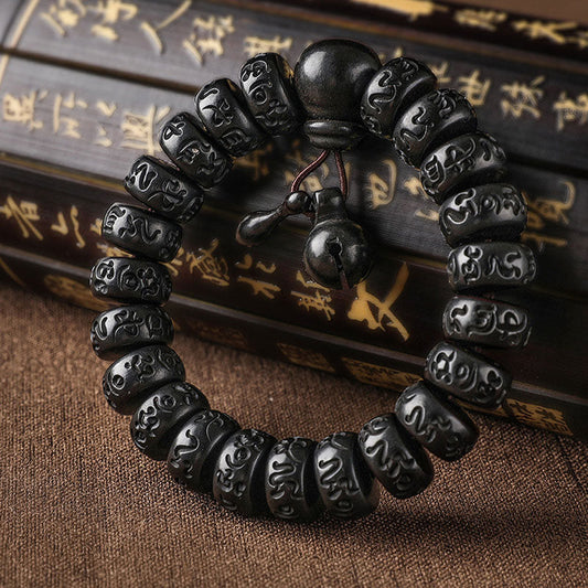 Lightning Strike Wood Bracelet – Black carved bead bracelet with tassel on wooden calligraphy, mala bracelet