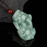 Jade PiXiu Necklace – Light green jade Pixiu carving with red agate bead, braided cord, black stone, wealth jewelry