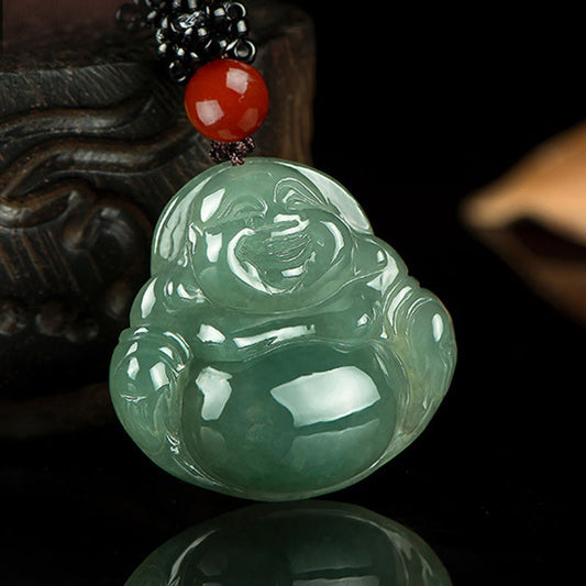 Silver Sheen Obsidian Laughing Buddha Necklace – front view glossy black Buddha pendant, protection jewelry