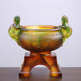 Liuli Crystal PiXiu Bowl – Amber-green liuli crystal treasure bowl with twin PiXiu handles on stand