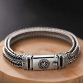 Om Mani Padme Hum Braid Bracelet – Front view on wood, engraved Om clasp, braided chain