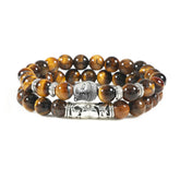 Natural Agate Buddha Protection Bracelet – Front view of golden tiger eye beads with silver Buddha charm, protection jewelry