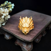 Golden Dragon Luck Protection Ring – 3D sculpted dragon head on dark wood, dried floral accents, protective energy