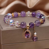 Natural amethyst zircon heart charm bracelet with purple gemstone beads faceted AB crystals gold filigree caps teardrop halo pendant and pearl dangle on champagne gift box