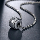Tibetan Om Mani Padme Hum Pendant - Antique silver prayer wheel with Sanskrit engraving, Tibetan mantra jewelry