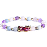 Natural Amethyst Pixiu Bracelet – front view white background, amethyst purple white aquamarine beads gold pixiu charm