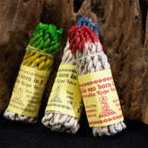 Nepal Rope Incense - three color-dyed bundles on wood with Buddha labels, spiritual healing