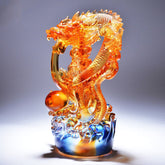 Liuli Crystal Dragon Art - Amber and blue dragon with pearl on wave base, translucent glass sculpture