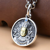 925 Sterling Silver Green Tara Necklace - Front view pendant with gold face on silver chain, Buddhist protection jewelry