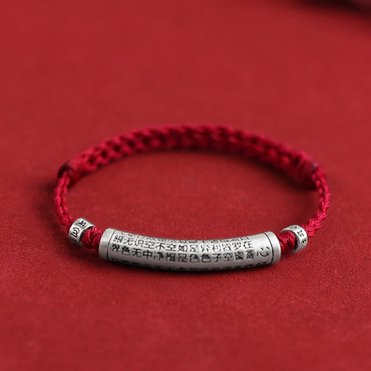 999 Silver Heart Sutra Bracelet – Single red cord bracelet with engraved silver cylinder charm, red string jewelry