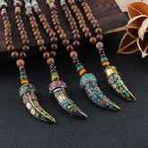 Wenge Wood Horn Pendant Necklace – Four pendants on leather with wooden beads, ethnic jewelry