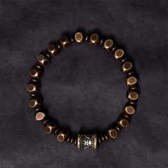 Om Mani Padme Hum Brass Bracelet - Flat lay, hexagonal beads with Sanskrit focal, mindfulness bracelet