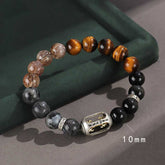 Onyx Obsidian Tiger Eye Bracelet – multi-stone beaded bracelet with silver charm on green velvet, 10mm gemstone