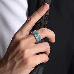 Jade Om Mani Padme Hum Ring – Worn on hand, dramatic lifestyle shot, men’s jade ring