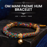 Zakiram Om Mani Padme Hum Charm Bracelet – Multi-color braided cord with gold bell on dark stone, spiritual bracelet