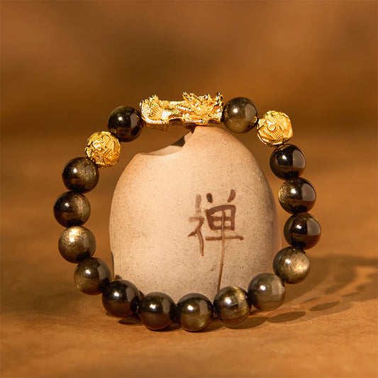 Gold Sheen Obsidian PiXiu Bracelet – Bracelet around zen ceramic vase with gold PiXiu, spiritual gift