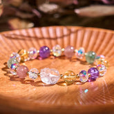 PiXiu White Crystal Bracelet – Colorful gemstone beads with crystal PiXiu on wooden plate, luck jewelry