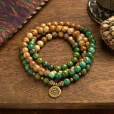 108 Mala Picture Jasper Turquoise Lotus Bracelet - jasper and turquoise beads coiled on wood, Stability