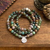 Indian Agate Lotus Mala Bracelet - earthy beads coiled on wood, grounding