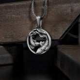 Pure Tin Double Koi Fish Wealth Pendant – twin koi yin-yang openwork on braided chain over rusted metal, lucky necklace
