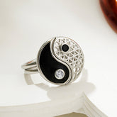 Yin Yang Cuff Ring - Silver black enamel yin-yang design with crystal accents, balance jewelry