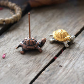 Alloy Turtle Snail Incense Burner – dual finish copper and gold turtle burners on rustic wood, zen aromatherapy decor