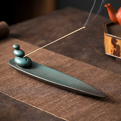 Ceramic Nature Incense Burner – Zen stones holder on tea mat with clay teapot, mindful ritual