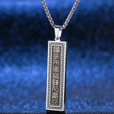 Nine-Word Mantra Bagua Yin Yang Titanium Steel Pendant - Silver pendant with Greek key border, blue bokeh, men necklace