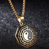Titanium Steel Bagua Yin Yang Necklace - Gold Bagua pendant on dark sparkling backdrop, spiritual jewelry