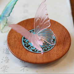 Butterfly Liuli Glass Incense Burner - Iridescent pink-blue butterfly on round wooden base with turquoise inlay, liuli glass