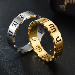 Titanium Steel Om Mani Padme Hum Spinner Ring – silver and gold rings stacked, peace balance
